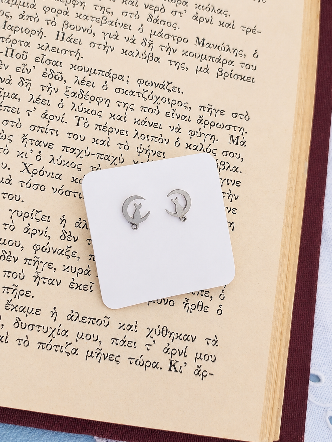 Tiny Cat on the Moon Stainless Steel Earrings