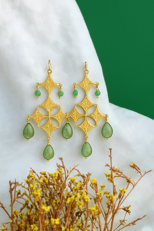 22K Gold Chandelier Earrings, Green Mother of Pearl Statement Earrings, Long Boho Earrings