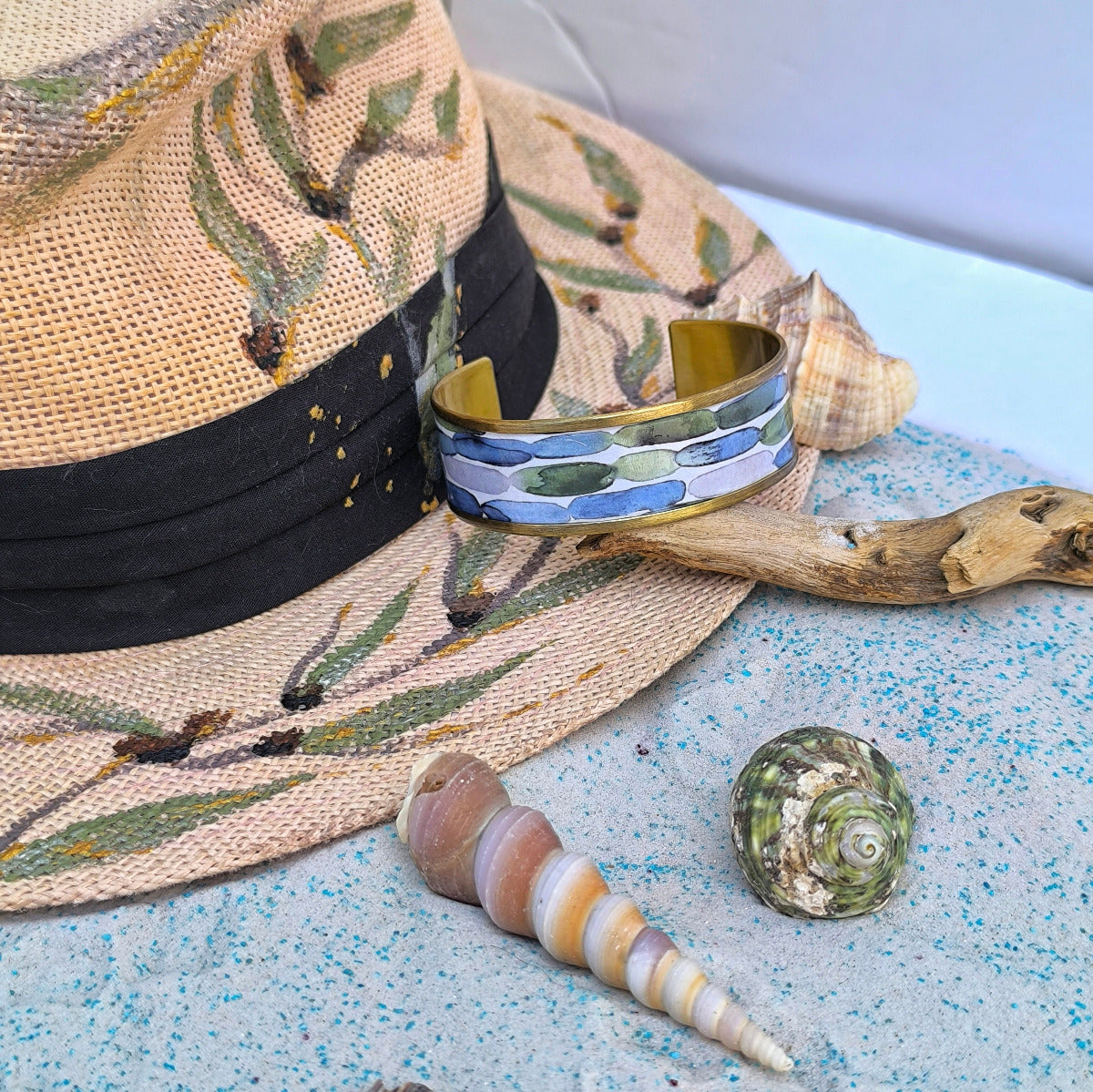 Bangle Bracelet with Greenery Mediterranean Tiles Pattern