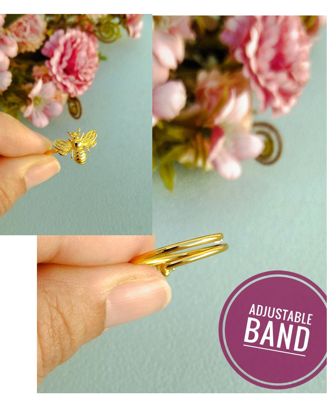 Adjustable Bee Ring, Gold Plated Or Sterling Silver Open Ring