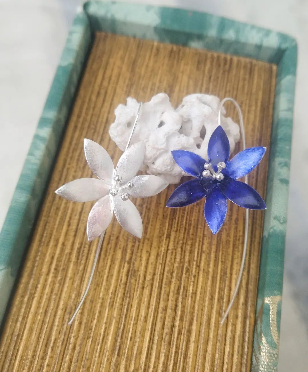 Dainty Blue Lotus Flower Earrings, Silver Jasmine Jewelry
