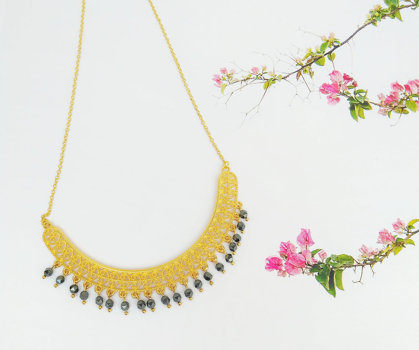 Curved Bar Byzantine Necklace, Hematite Stone Choker Necklace