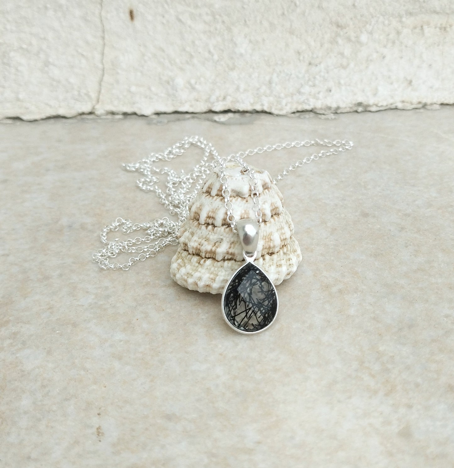 Black Rutile Quartz Necklace, Silver Teardrop Necklace