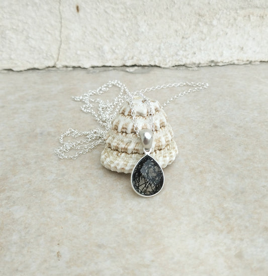 Black Rutile Quartz Necklace, Silver Teardrop Necklace