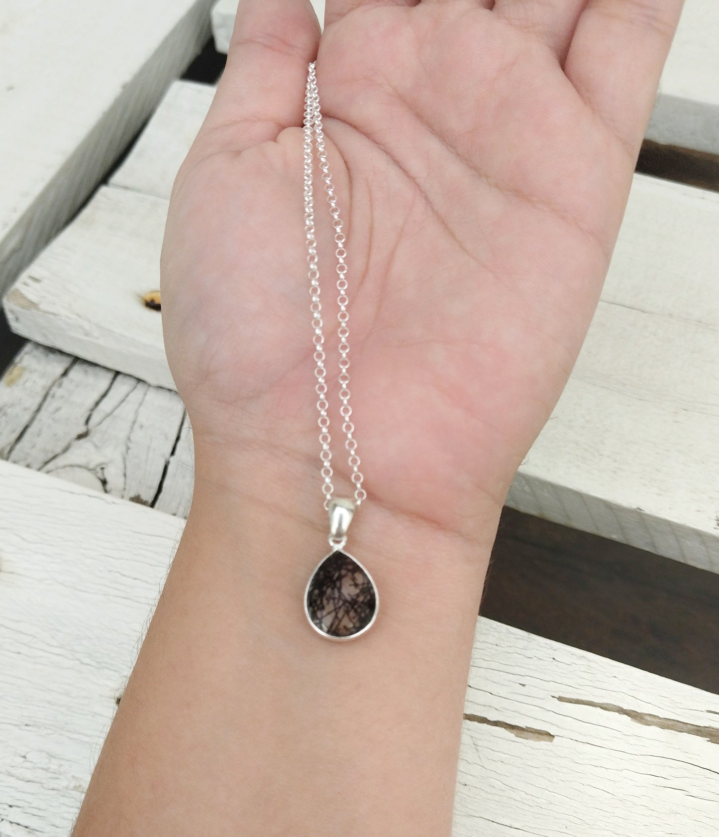 Black Rutile Quartz Necklace, Silver Teardrop Necklace