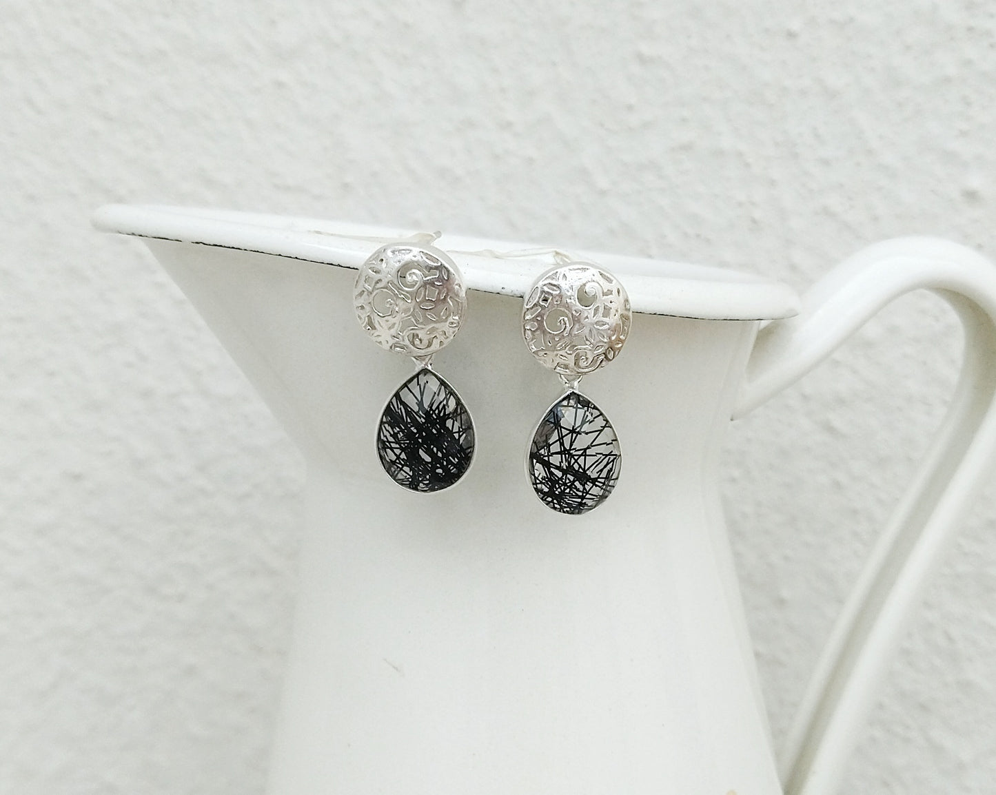 Black Rutilated Quartz Earrings, Silver Filigree Gemstone Jewelry For Her