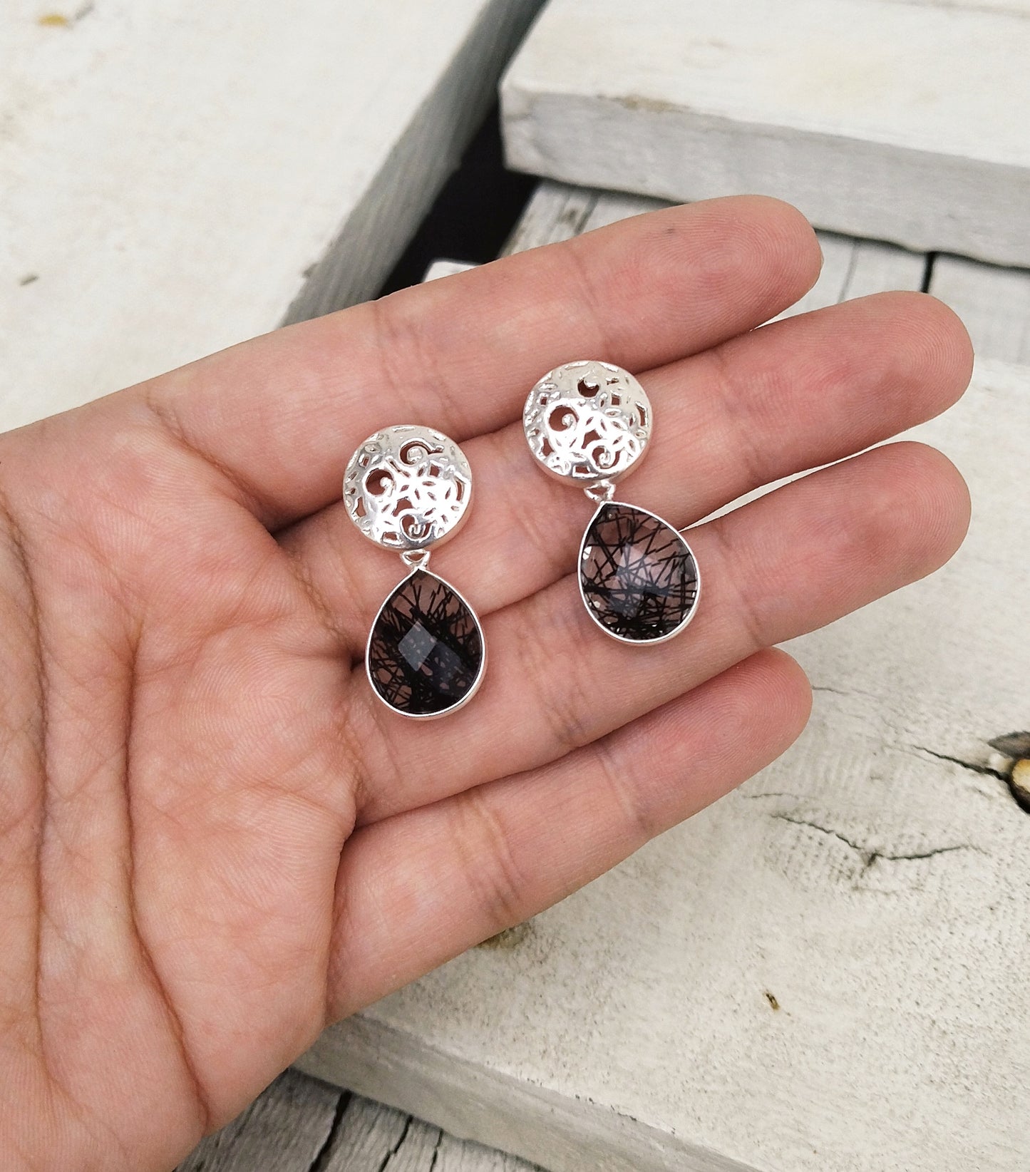 Black Rutilated Quartz Earrings, Silver Filigree Gemstone Jewelry For Her