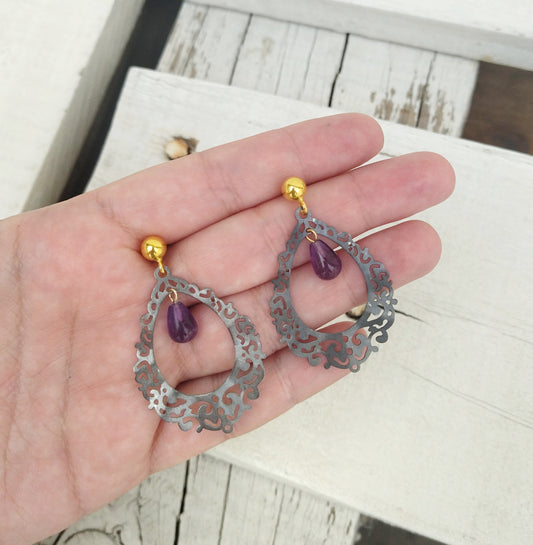 Black Amethyst Filigree Earrings, Cosplay Costume Jewelry For Gothic Princess