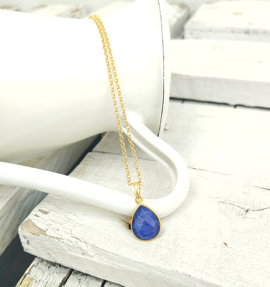 Lapis Pendant Necklace, 925 Silver Charm Necklace In Teardrop Shape