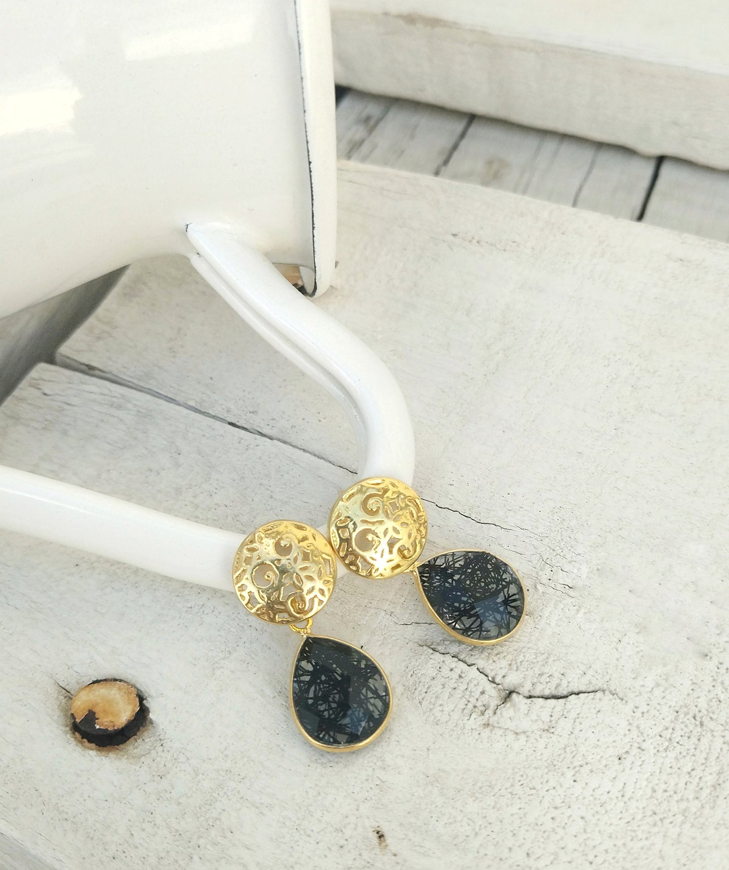 Black Rutilated Quartz Earrings, Silver Filigree Gemstone Jewelry For Her