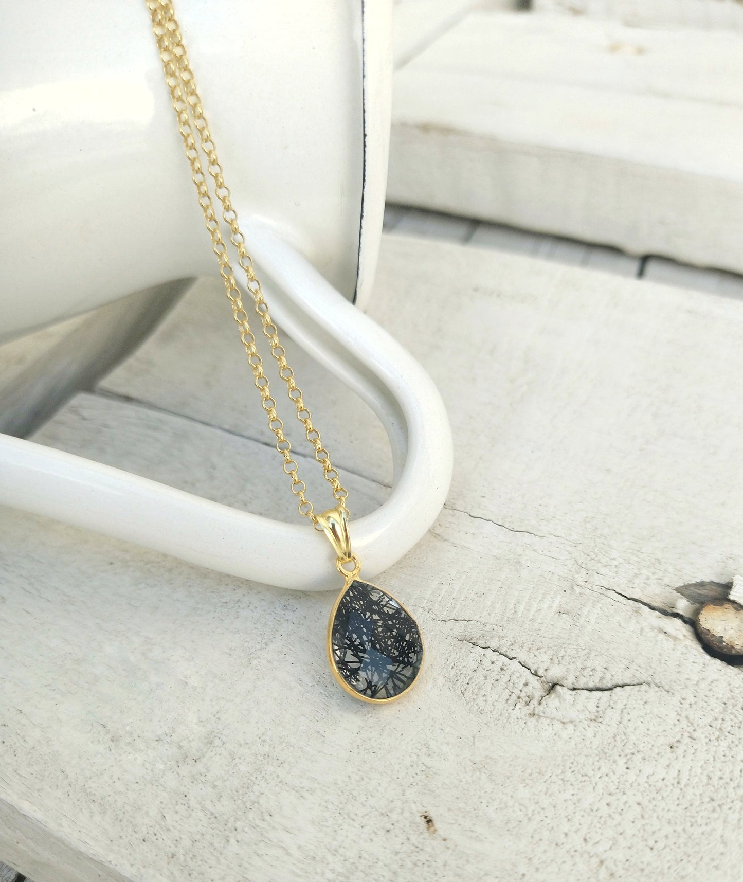 Black Rutile Quartz Necklace, Silver Teardrop Necklace