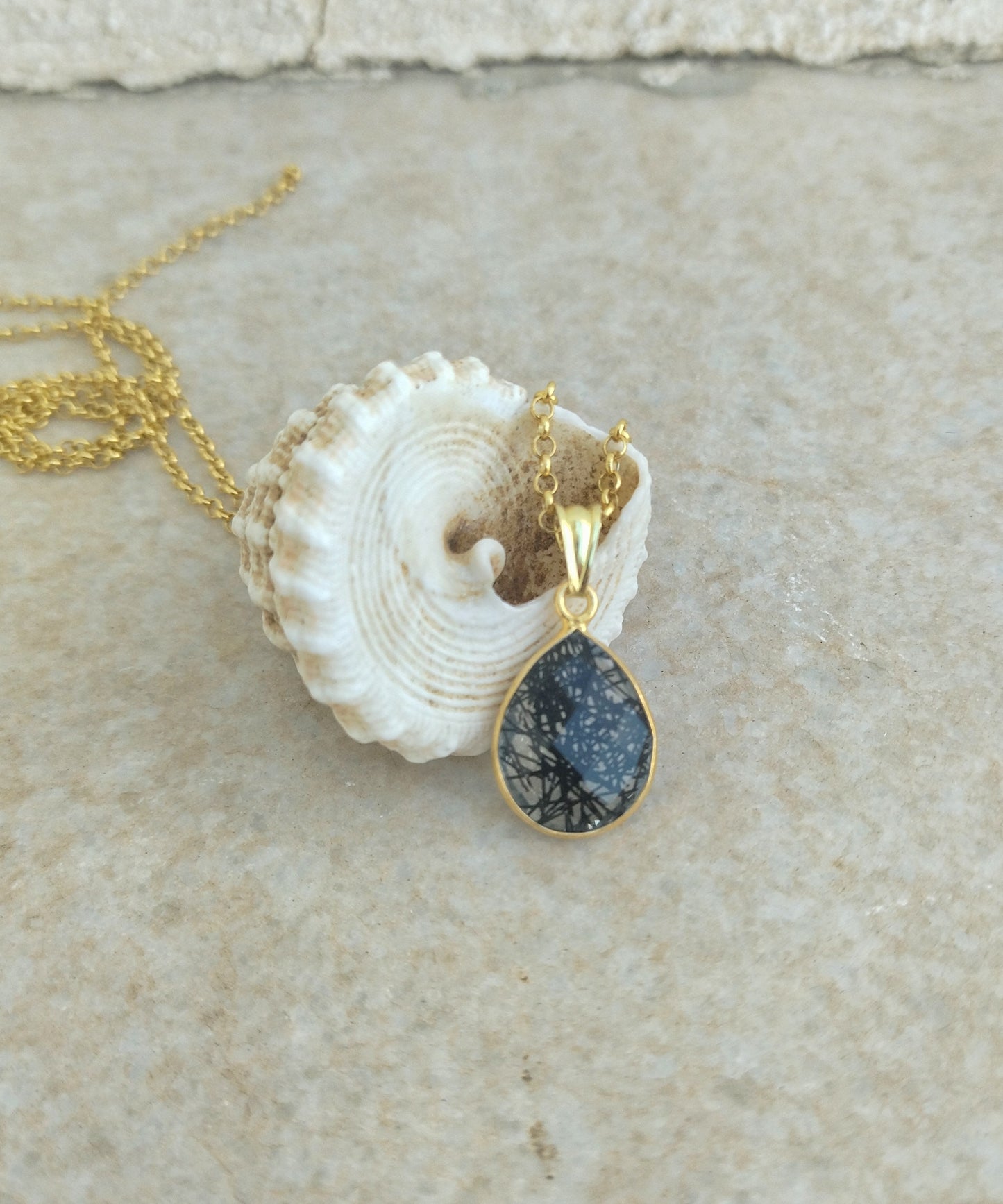 Black Rutile Quartz Necklace, Silver Teardrop Necklace