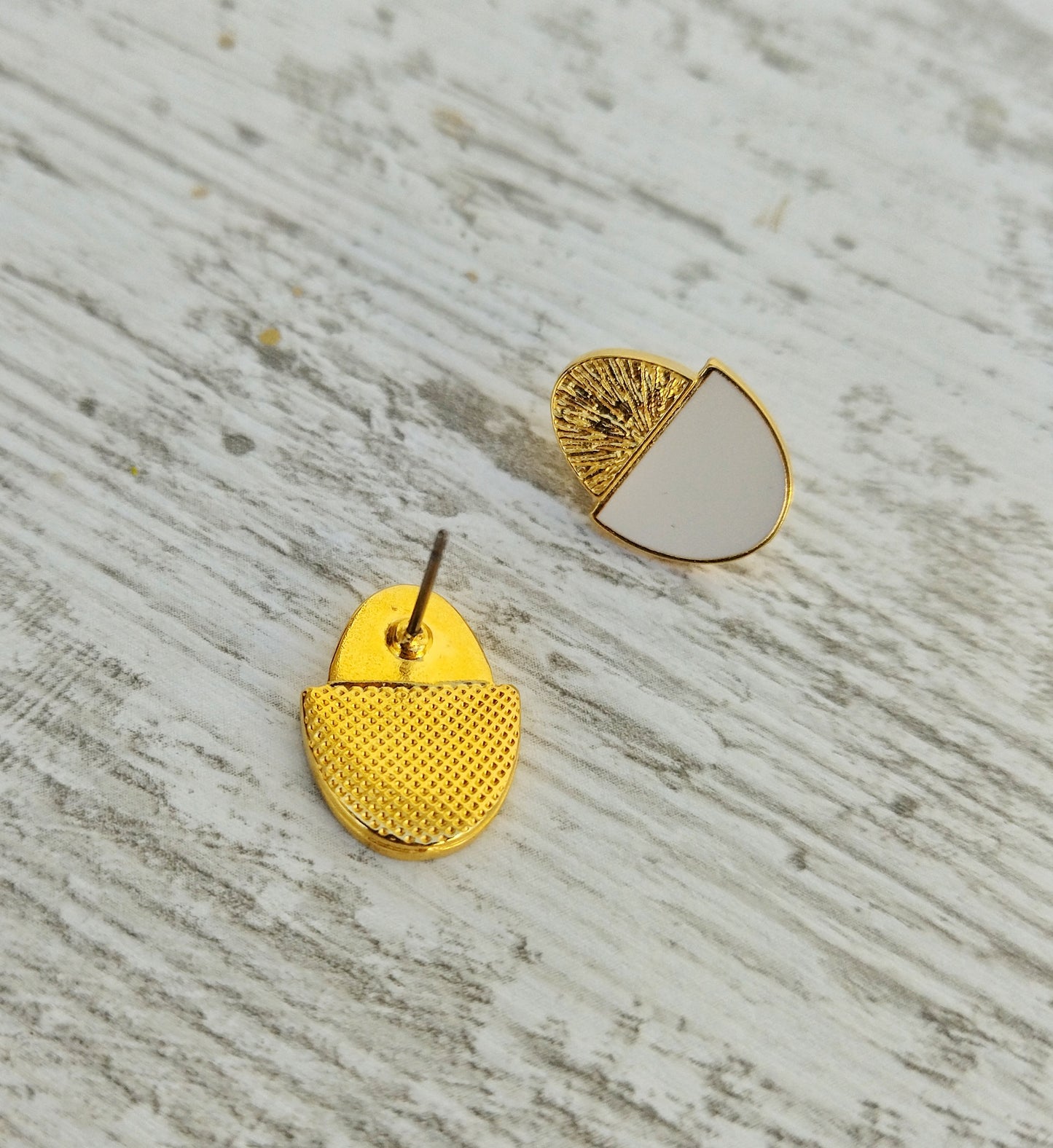 White Enamel Stud Earrings, 18K Gold Plated Bronze Oval Earrings