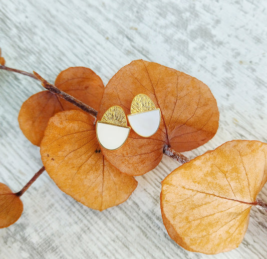 White Enamel Stud Earrings, 18K Gold Plated Bronze Oval Earrings