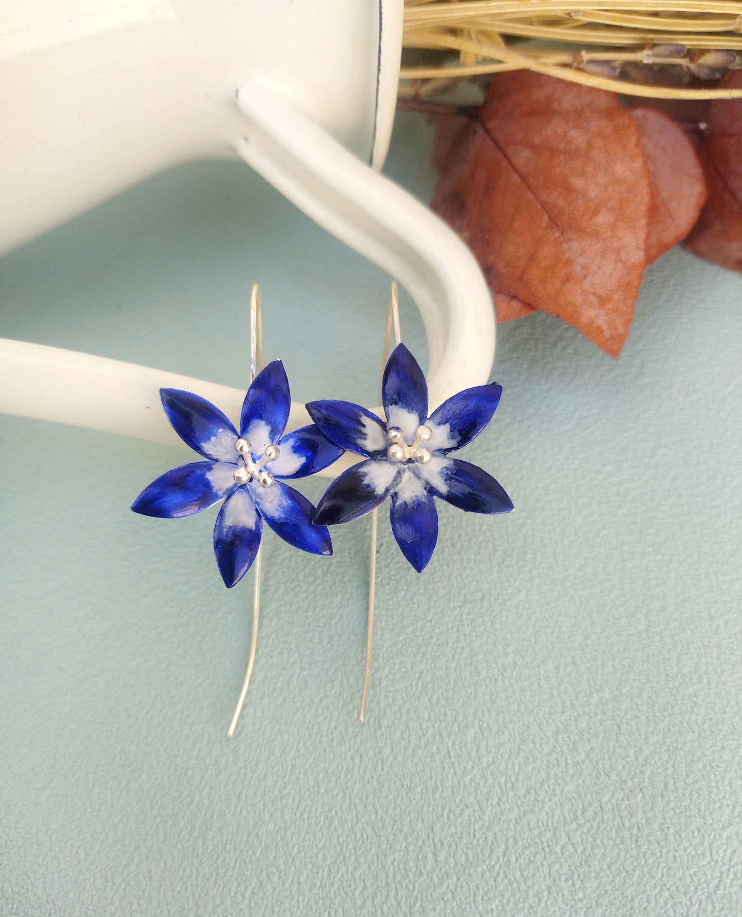 Dainty Blue Lotus Flower Earrings, Silver Jasmine Jewelry