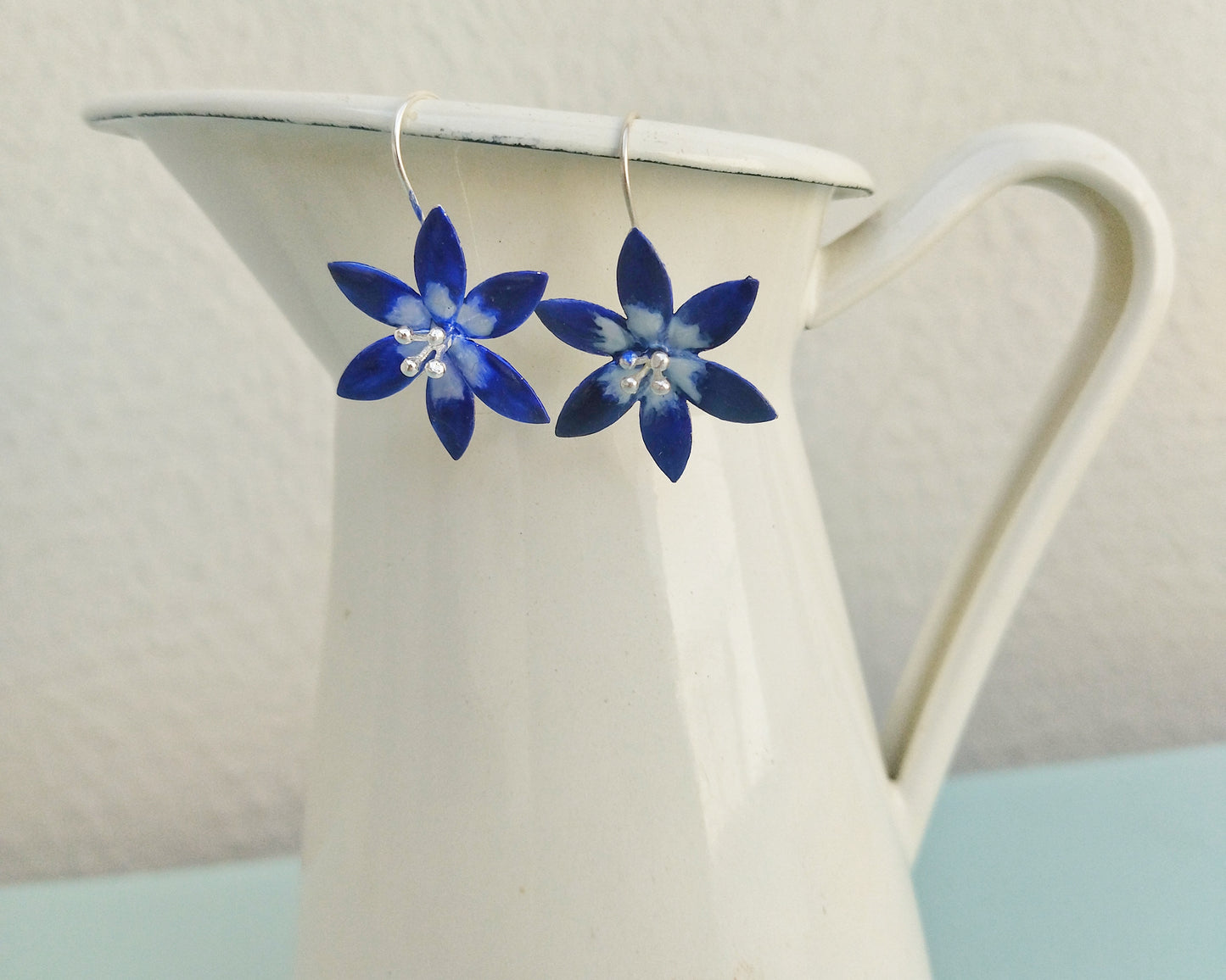 Dainty Blue Lotus Flower Earrings, Silver Jasmine Jewelry