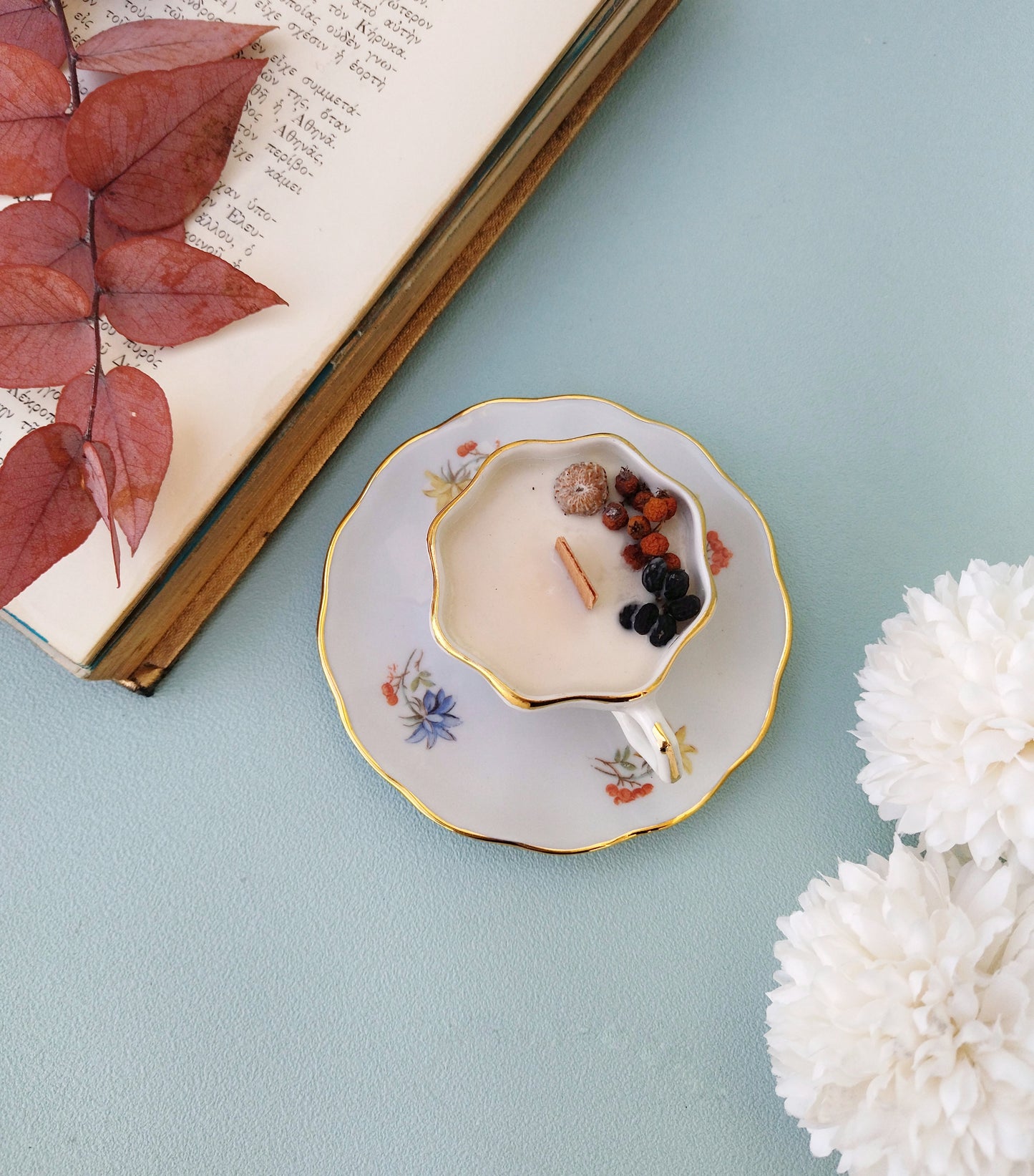 Ceramic Coffee Cup With Saucer With Hand Poured Soy Candle, Vanilla Cinnamon And Clove Scented Candle