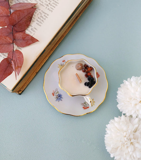 Ceramic Coffee Cup With Saucer With Hand Poured Soy Candle, Vanilla Cinnamon And Clove Scented Candle