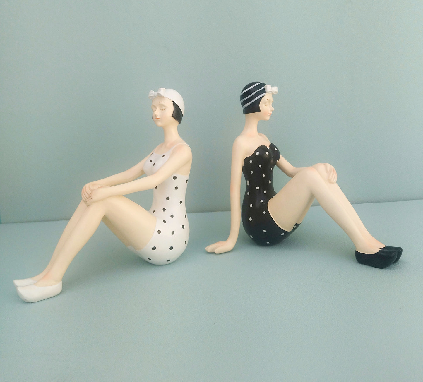 Vintage Style Swimming Girl, 50s Woman Figurine With Black And White Swimsuit