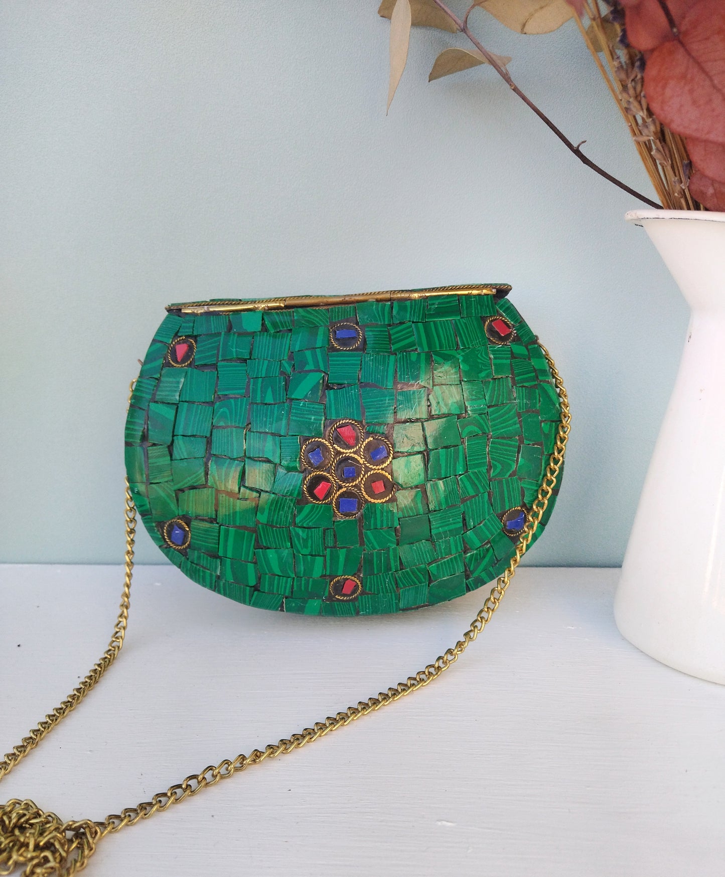 Mosaic Metal Clutch With Natural Stones