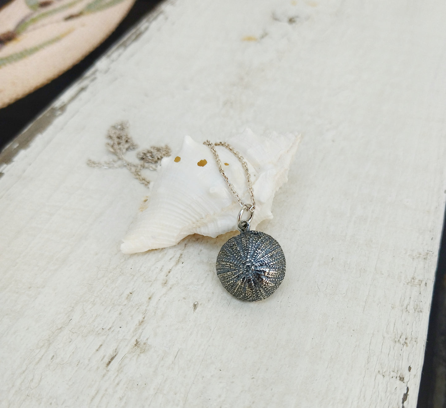 Oxidized Silver Urchin Charm Necklace