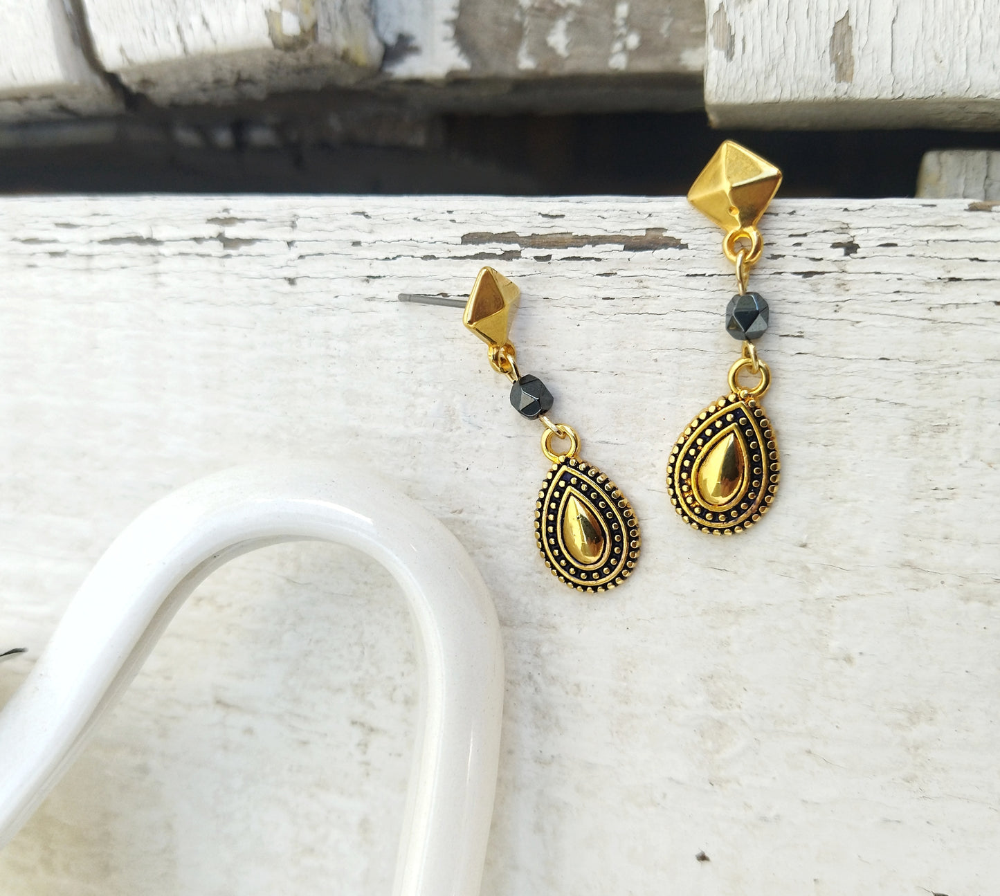 22k Gold Hematite Teardrop Earrings