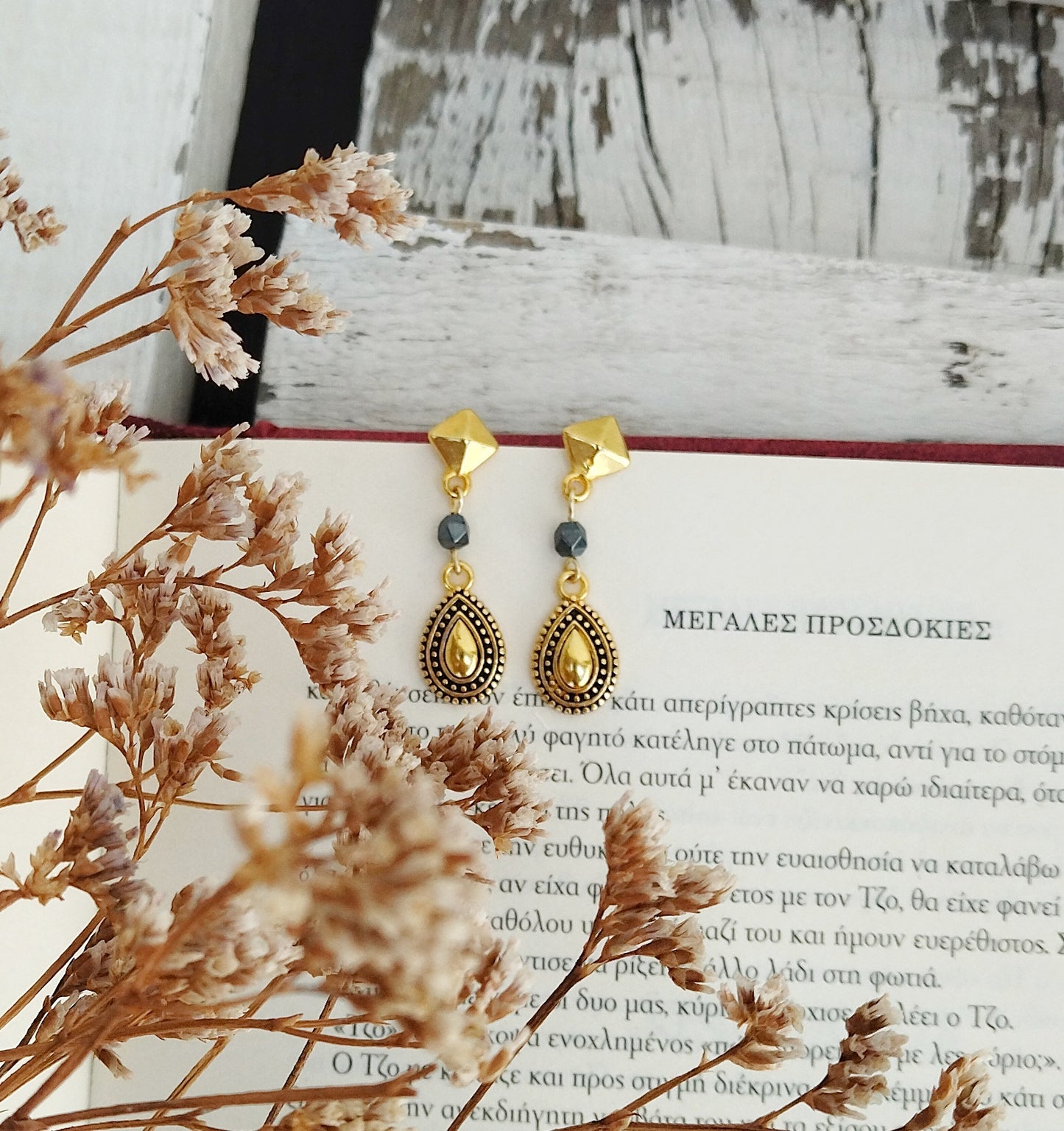 22k Gold Hematite Teardrop Earrings