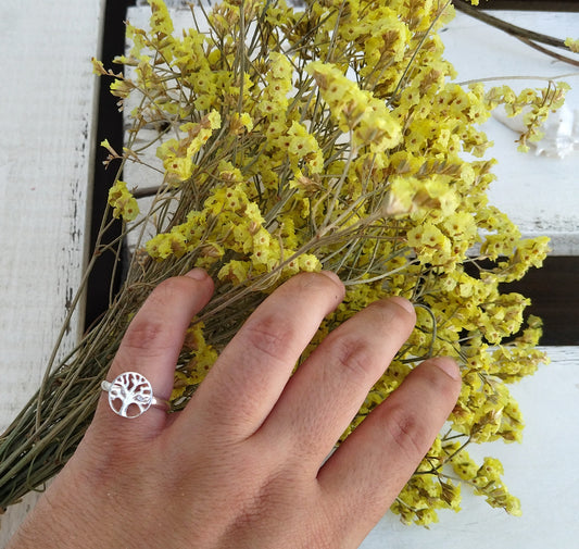Tree Of Life Silver Open Ring, Small Signet Ring With Adjustable Band