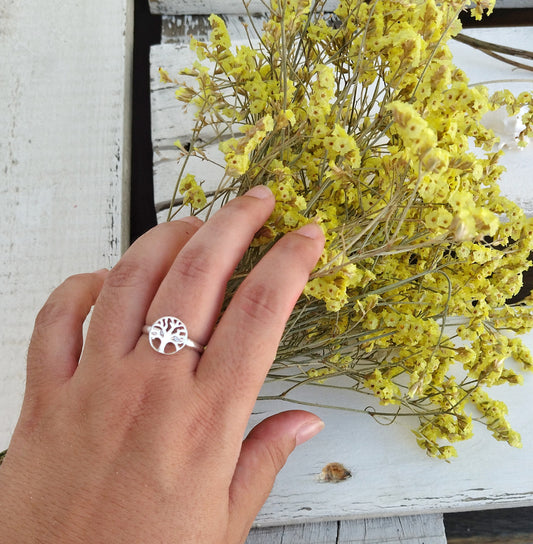 Tree Of Life Silver Open Ring, Small Signet Ring With Adjustable Band