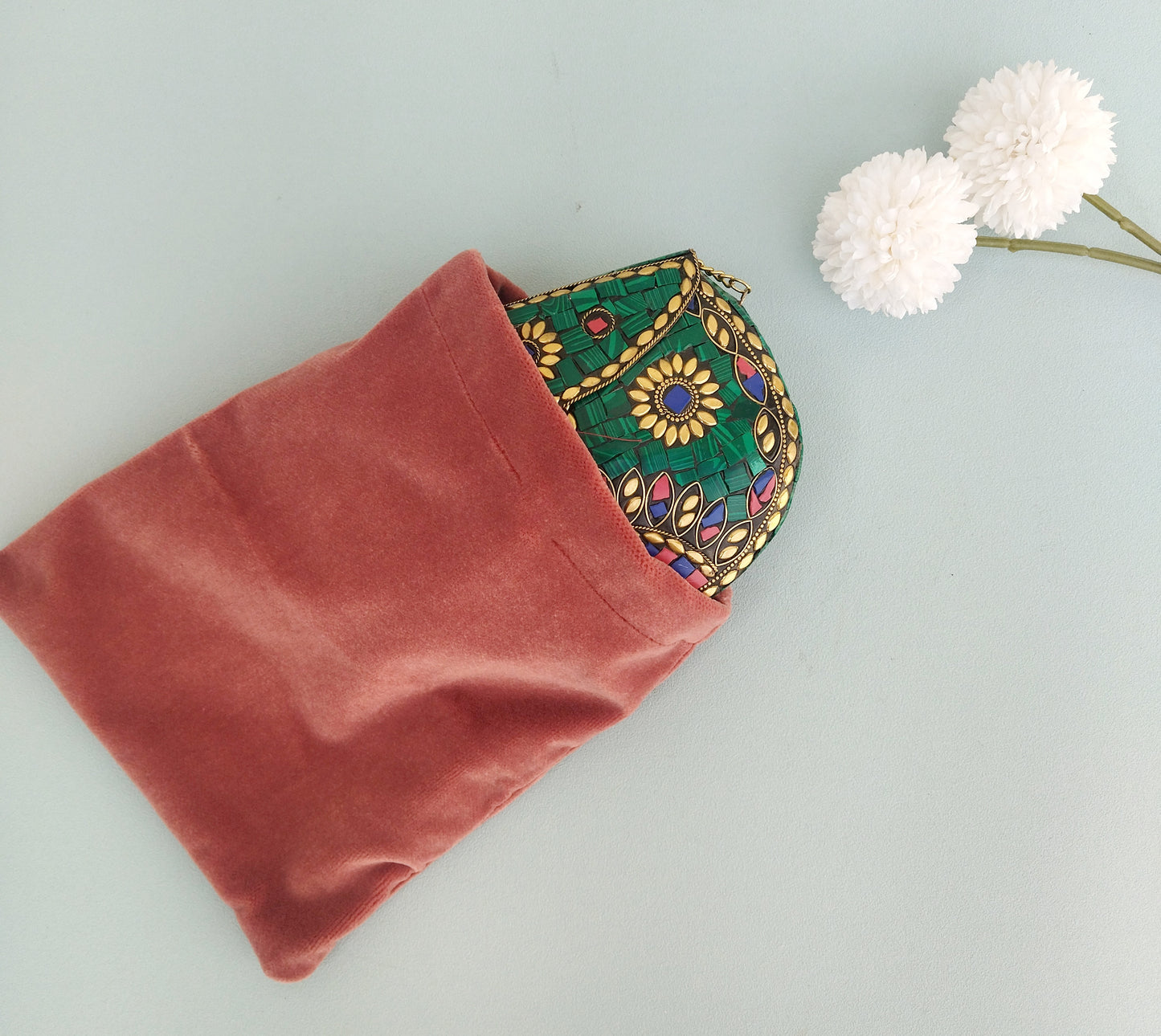 Mosaic Metal Clutch With Natural Stones