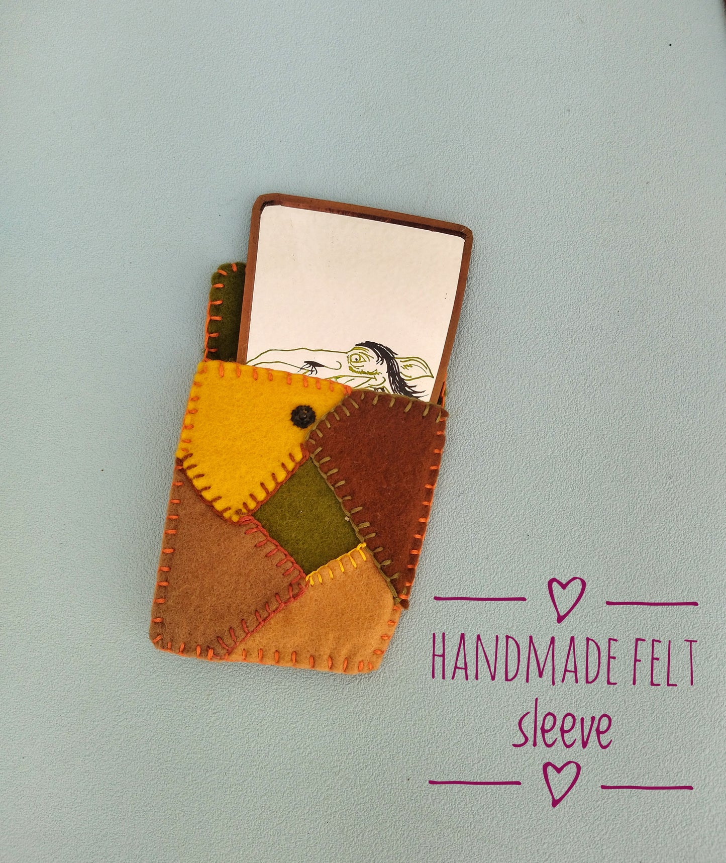 Make Up Purse Mirror, Vintage Elf Etched Mirror With Handmade Felt Sleeve