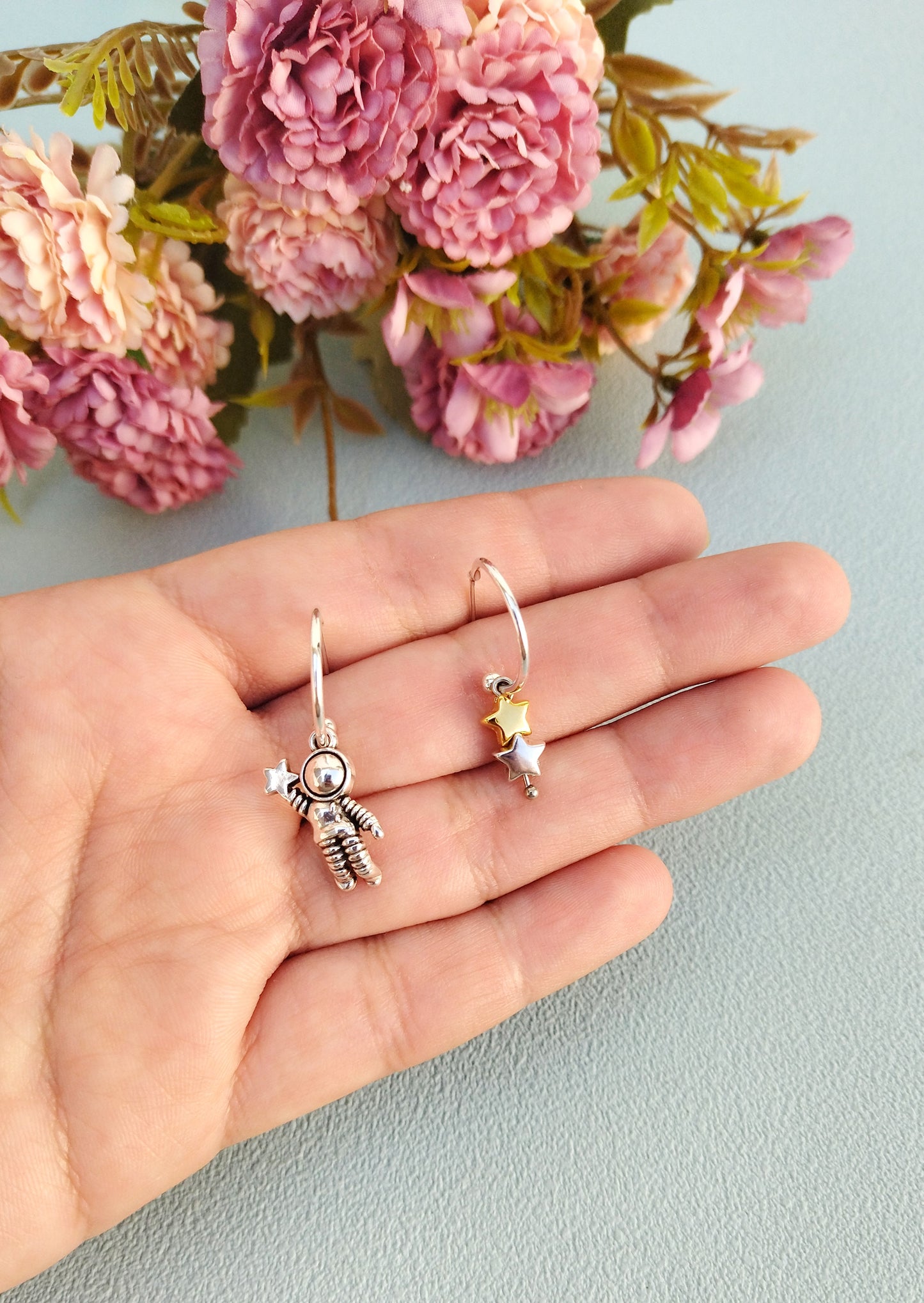 Astronaut And Star Small Mismatched Hoop Earrings