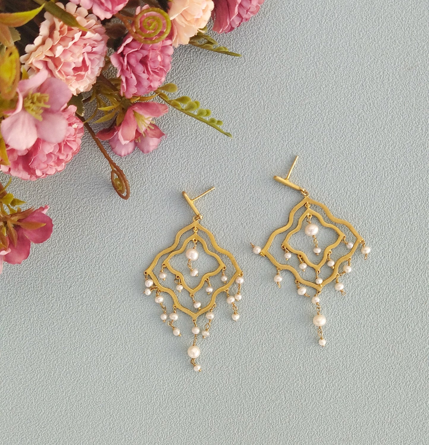 Gold Chandelier Earrings, 22k Gold Plated Brushed Silver Pearl Earrings