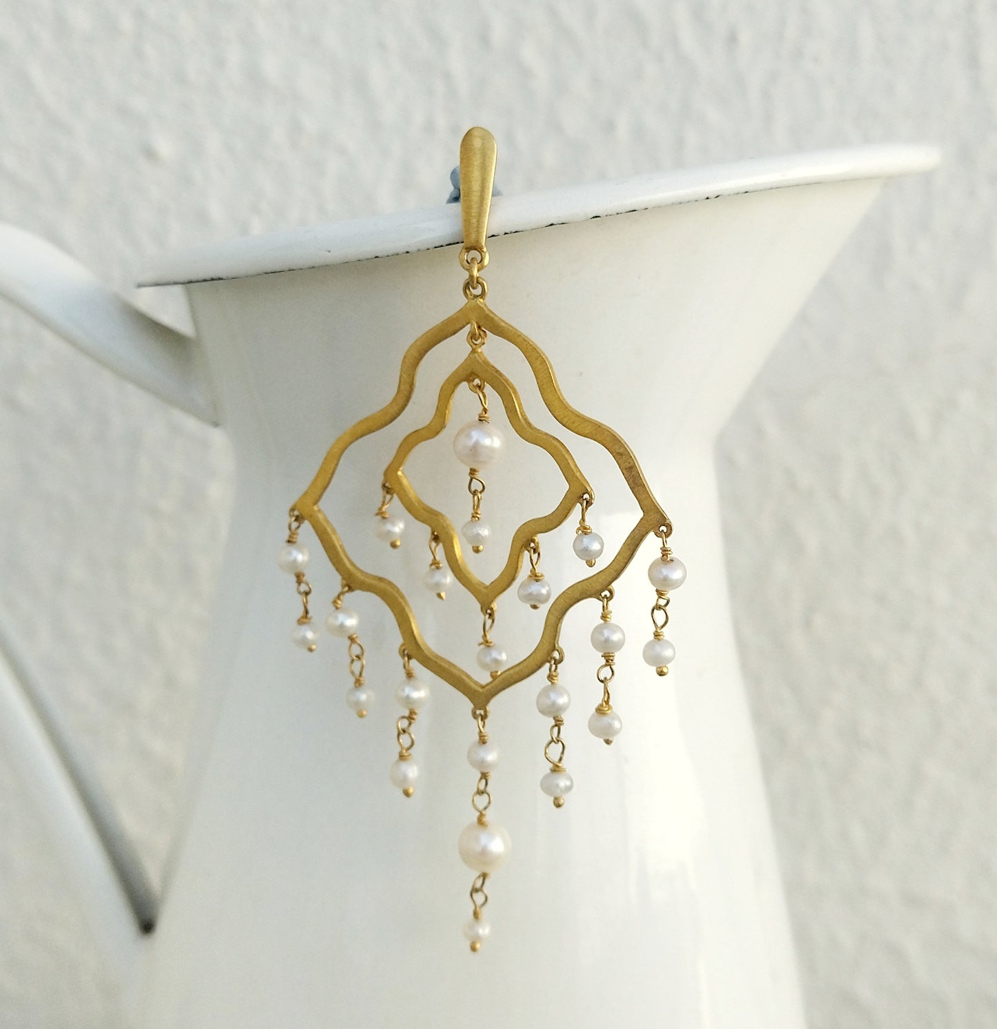 Gold Chandelier Earrings, 22k Gold Plated Brushed Silver Pearl Earrings