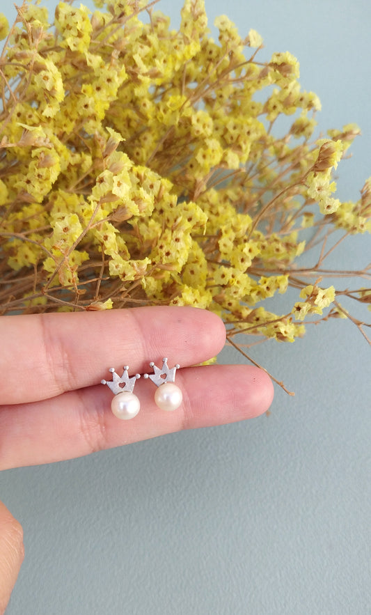 White Gold Pearl Earrings, 14k Gold Crown Earrings For Bride
