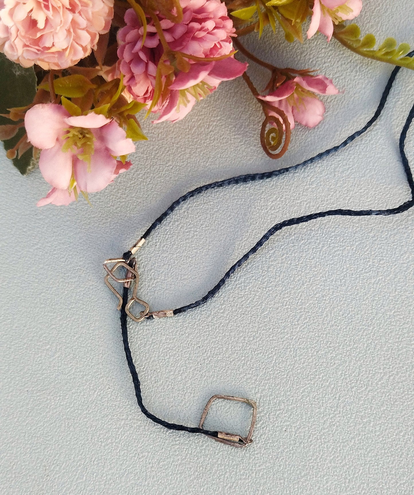 Silver Vertical Bar Necklace, Simple Everyday Blue Silk Cord Necklace