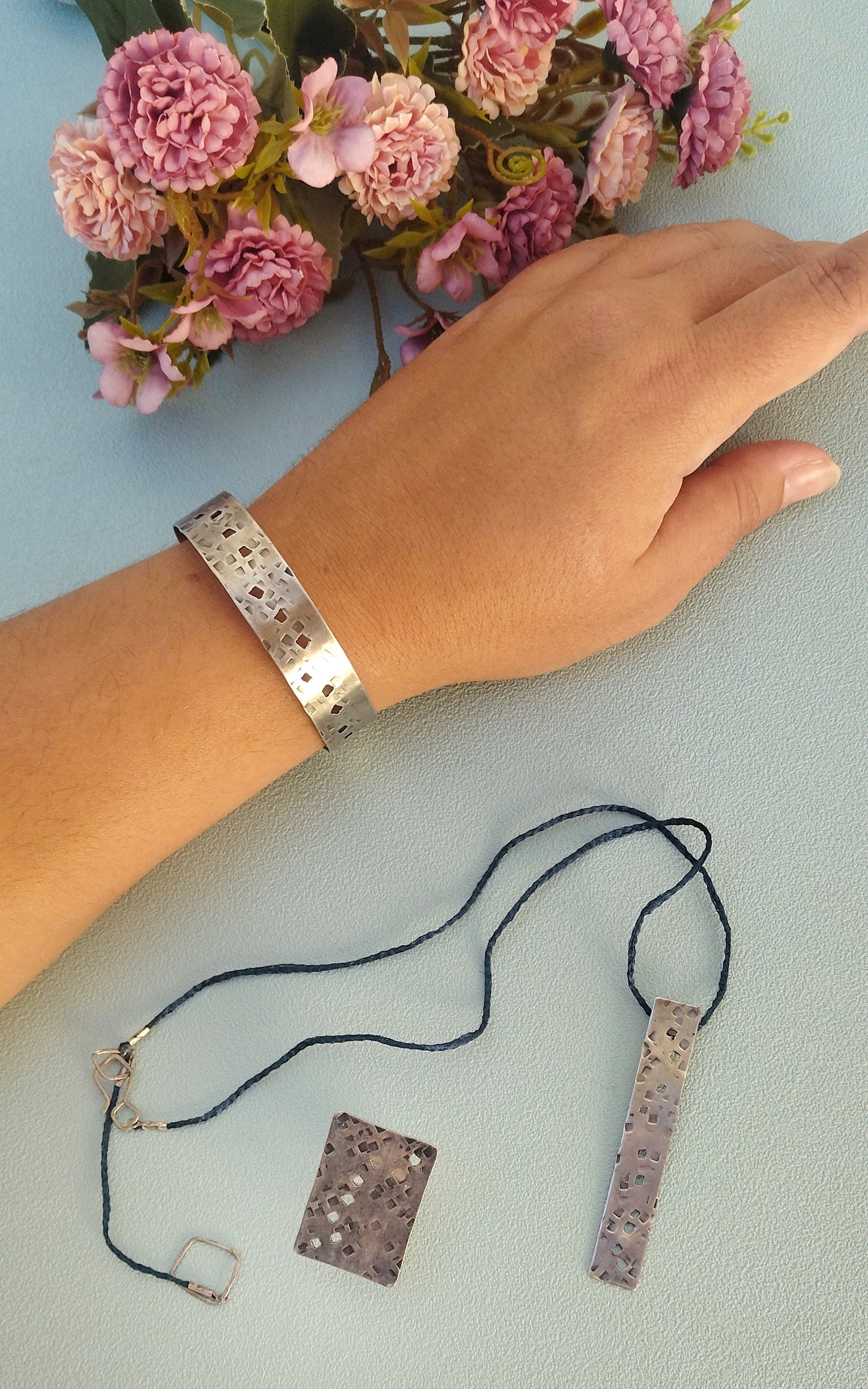 Hammered Silver Bangle, Wide Flat Bangle Bracelet With Pattern