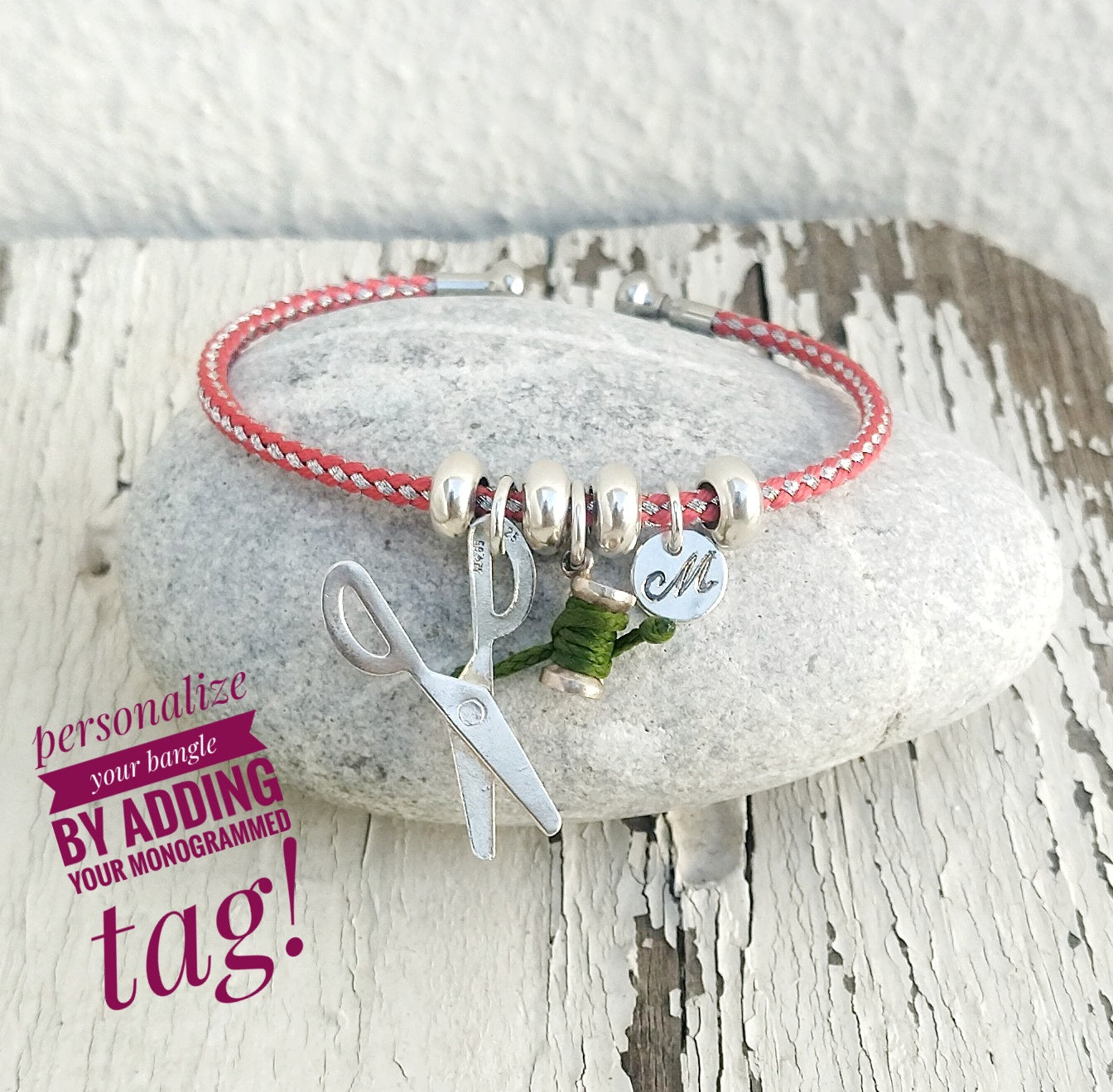 Mini Spool Of Thread And Scissors Bangle Bracelet