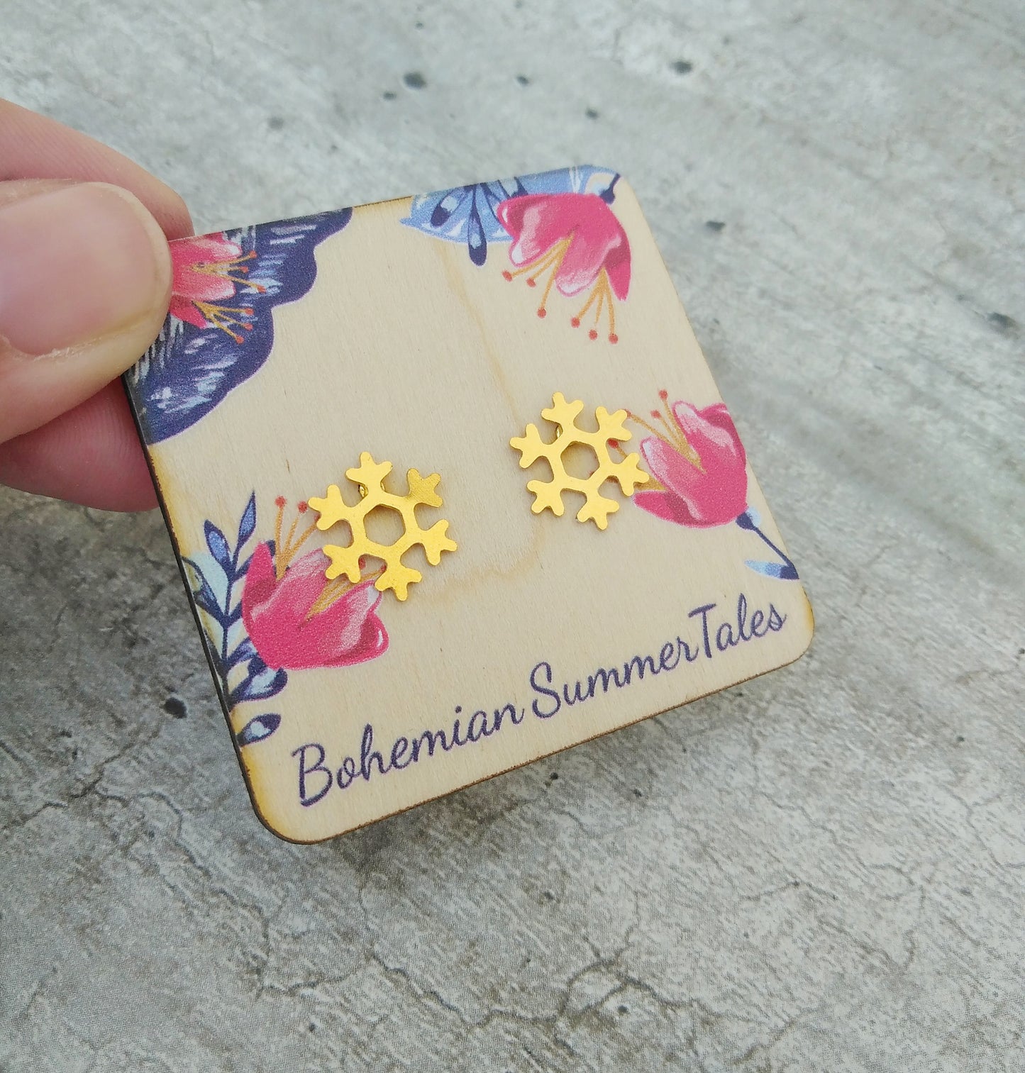 Snowflake Stud Earrings, Gold Plated Studs, Weather Girl Gifts
