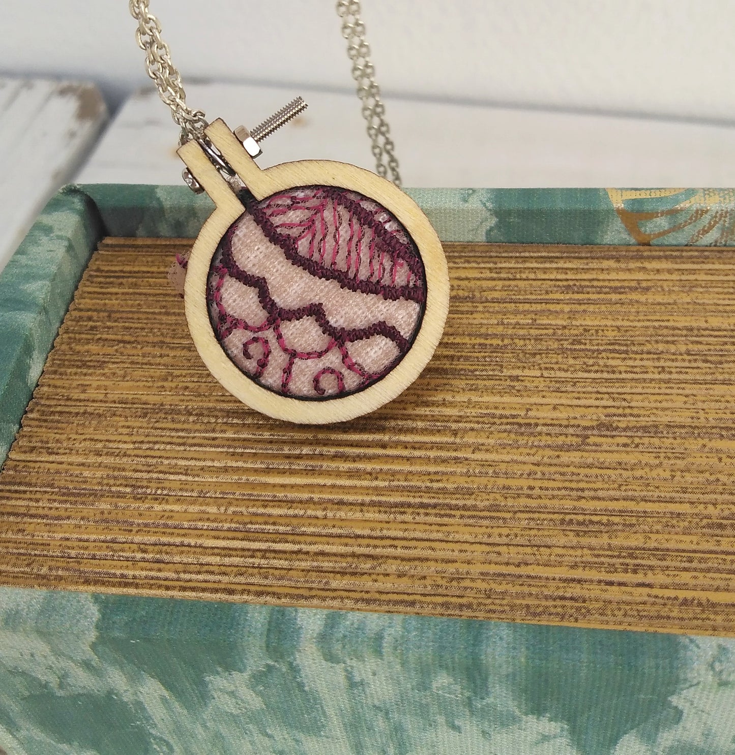 Handmade Embroidery Necklace, Dainty Hoop Necklace, Lace Anniversary Gift
