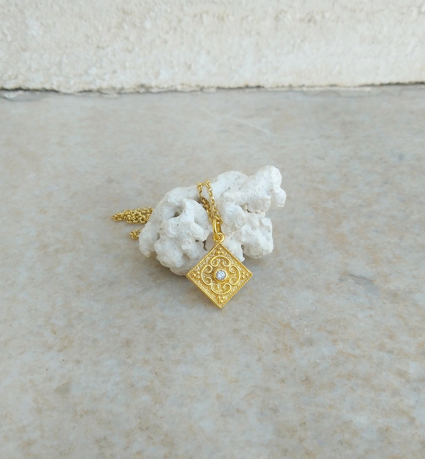 Rhombus Byzantine Necklace With White Zircon From 22k Gold Plated Silver