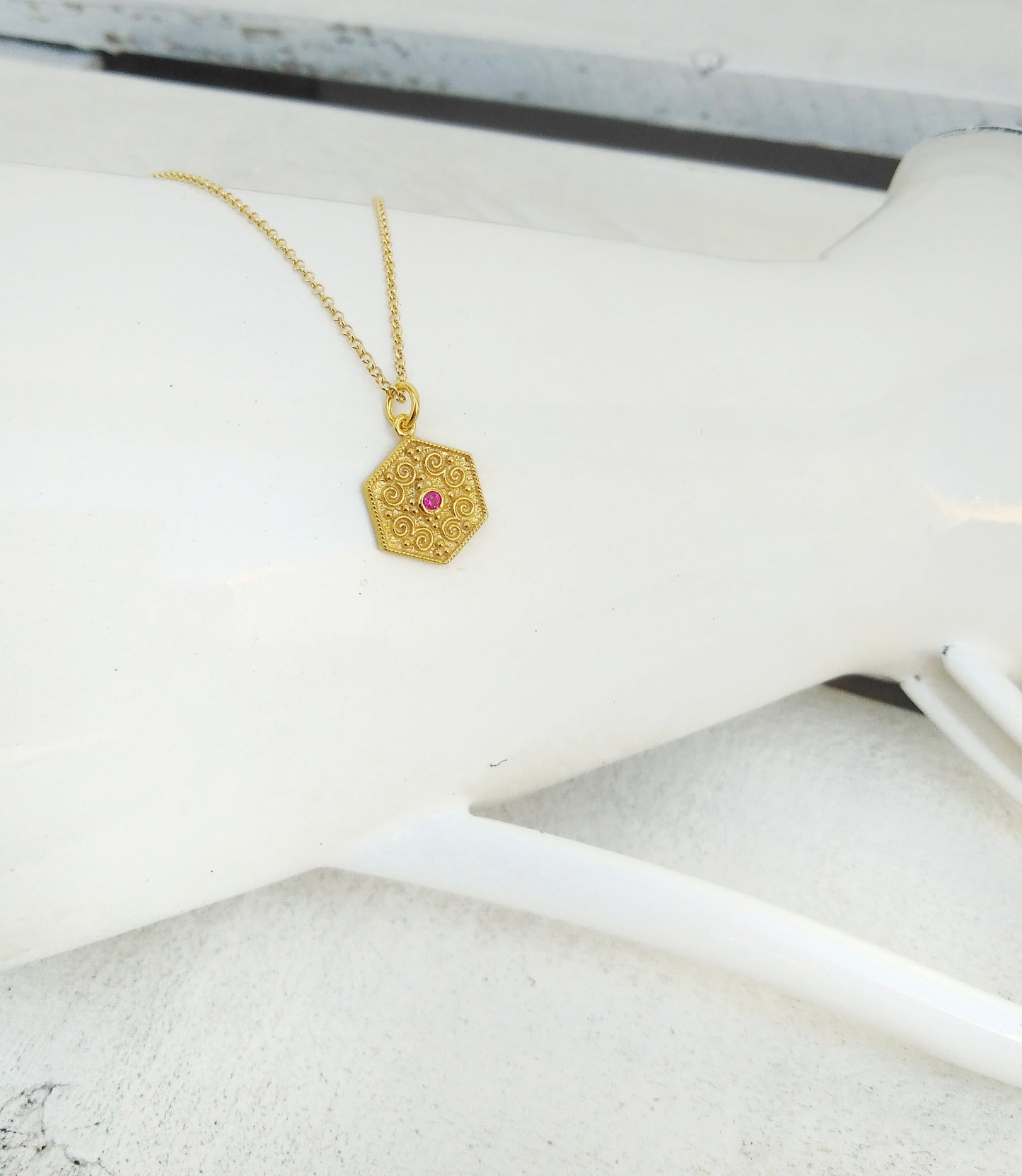 Pink Tourmaline Hexagon Byzantine Necklace