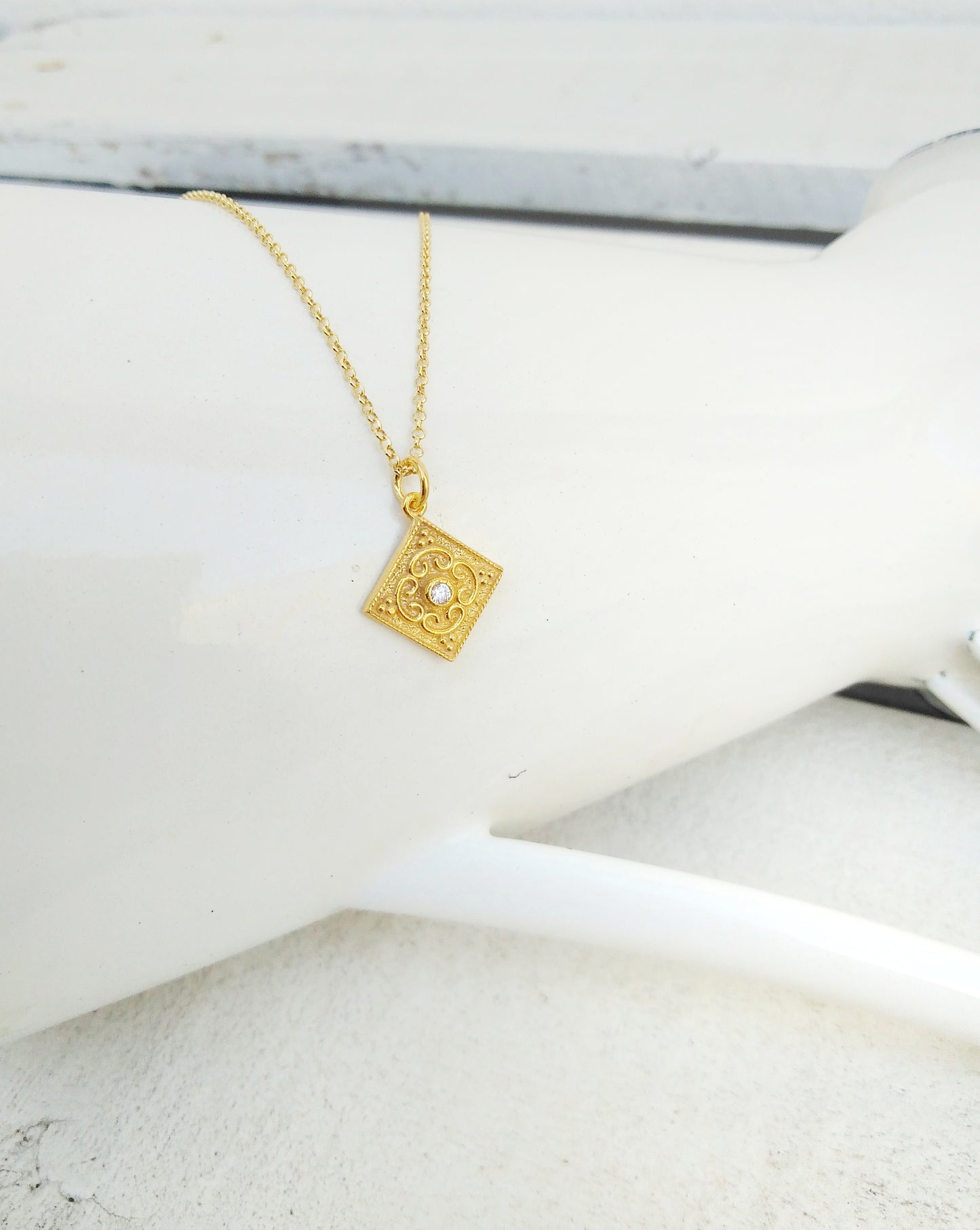 Rhombus Byzantine Necklace With White Zircon From 22k Gold Plated Silver