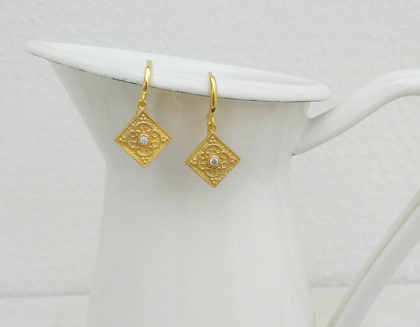 Historical Replica Earrings For Medieval Wedding, Gold Huggie Earrings With Zircon
