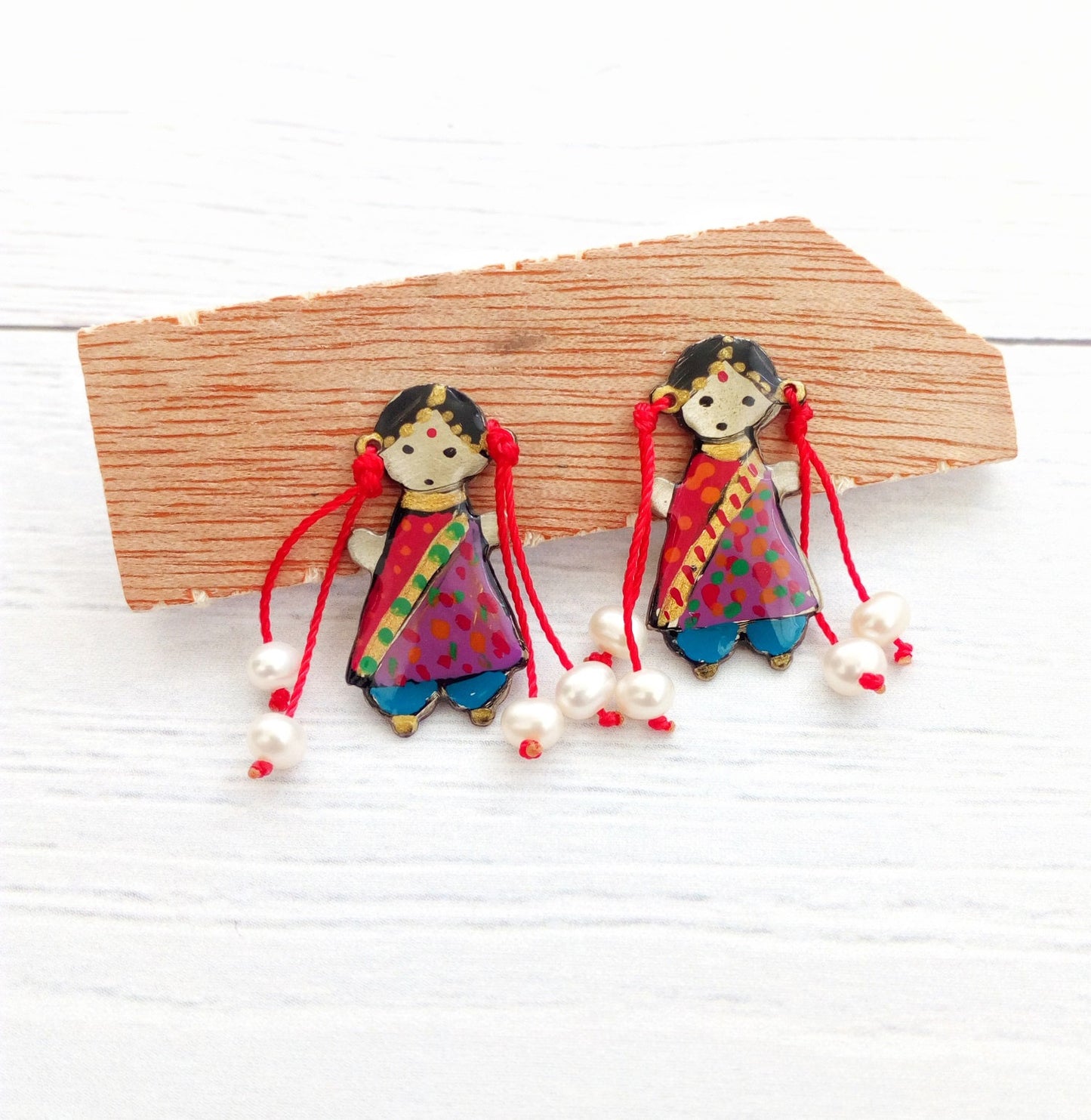 Little Indian Girl Earrings, Handpainted Sterling Silver Earrings With Enamel