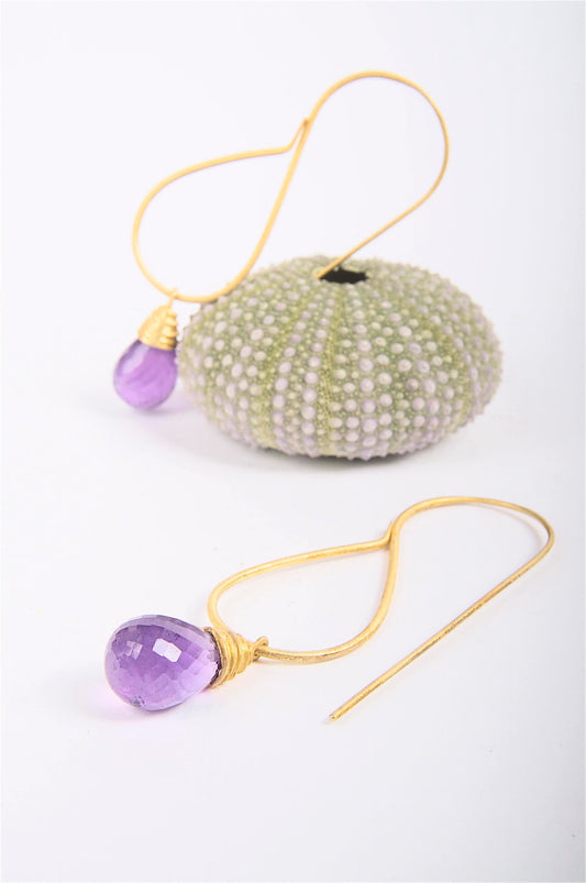 Violet Earrings, Long Gold Amethyst Earrings, 22k Gold Plated Silver Earrings