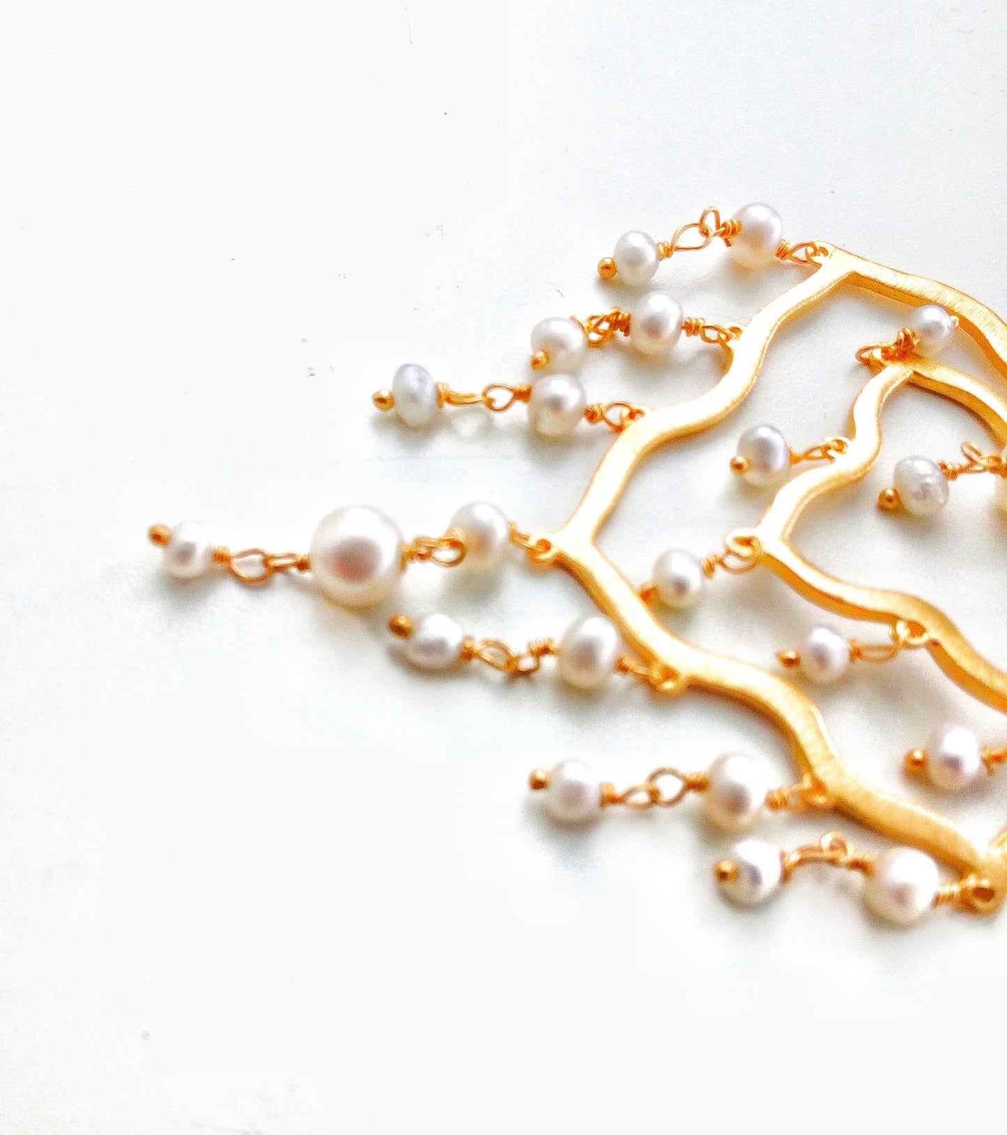 Gold Chandelier Earrings, 22k Gold Plated Brushed Silver Pearl Earrings