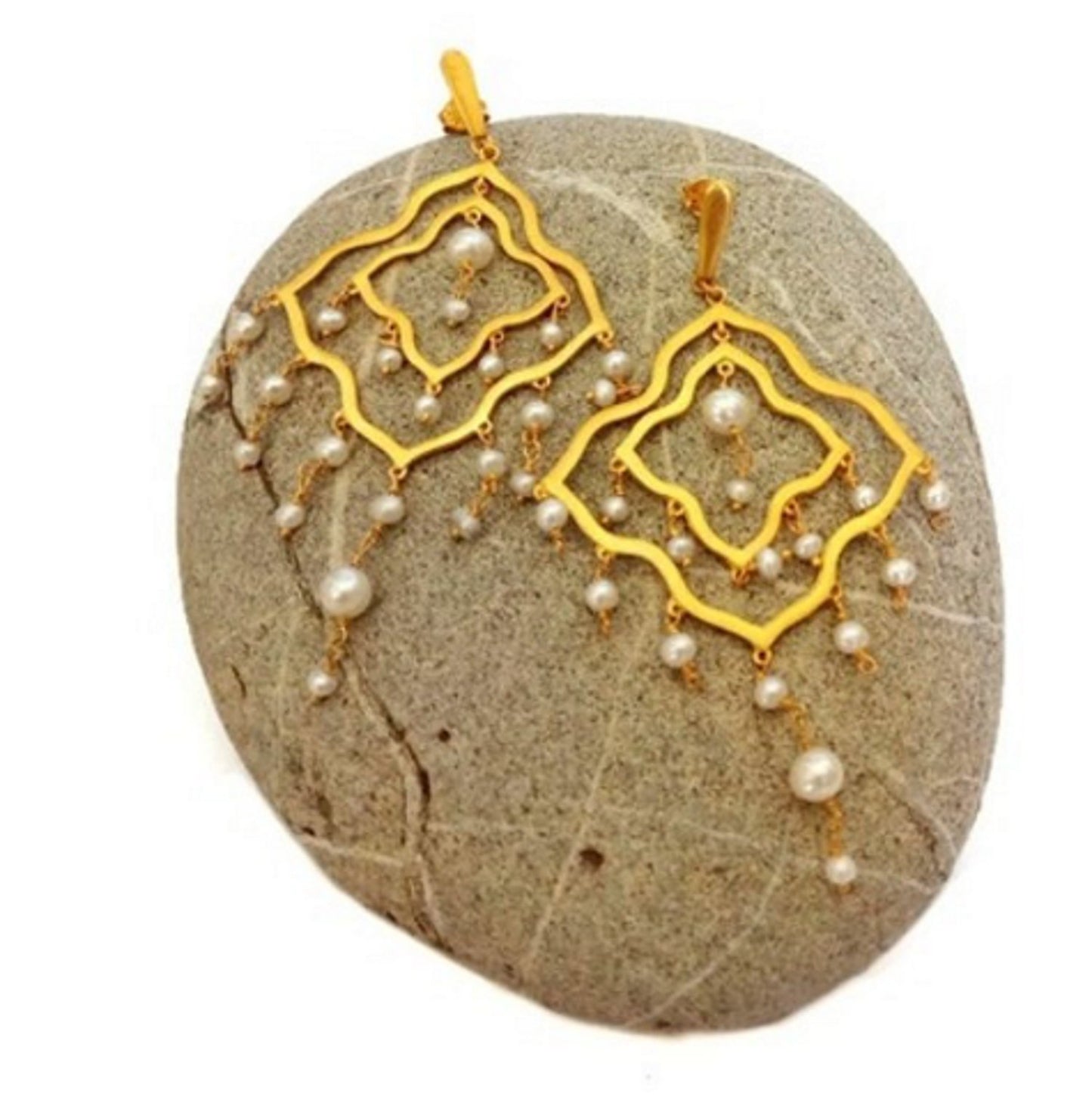 Gold Chandelier Earrings, 22k Gold Plated Brushed Silver Pearl Earrings