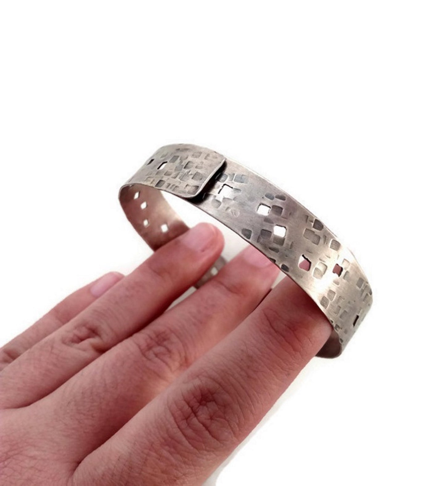 Hammered Silver Bangle, Wide Flat Bangle Bracelet With Pattern