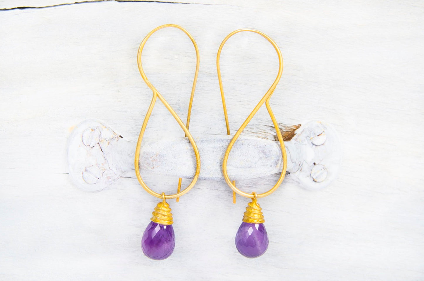 Violet Earrings, Long Gold Amethyst Earrings, 22k Gold Plated Silver Earrings